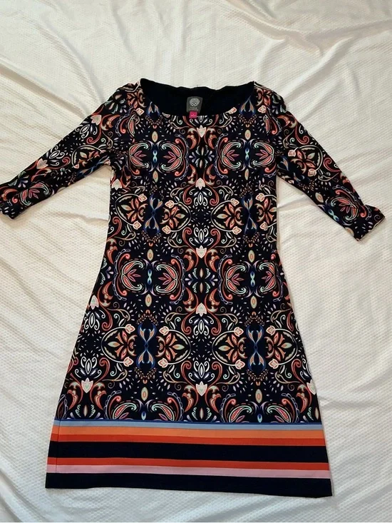 Patterned Navy Midi Dress with Coral and Blue Accents - Picture 1 of 5